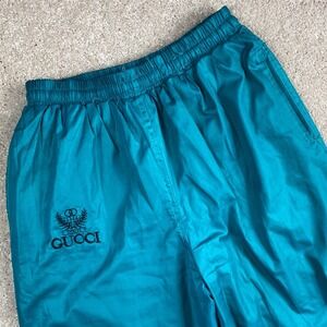 Vintage 90s Gucci Italy Turquoise Nylon Track Pants Womens Small‎ Floral Accent